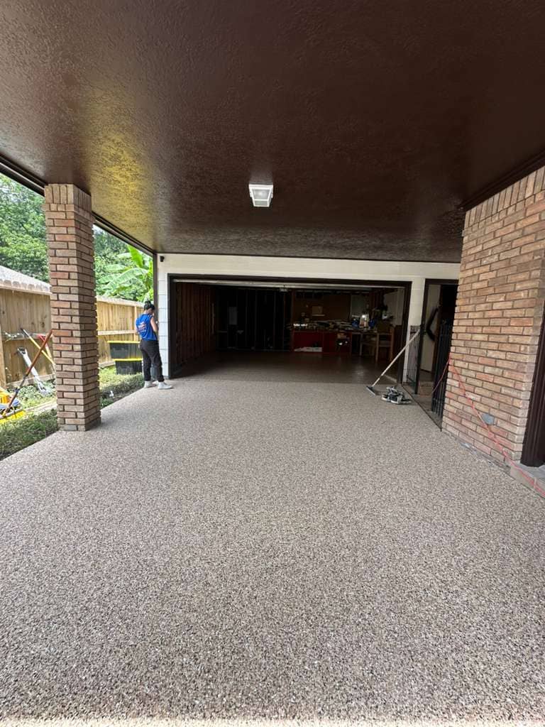 Finished epoxy flake covered garage entry