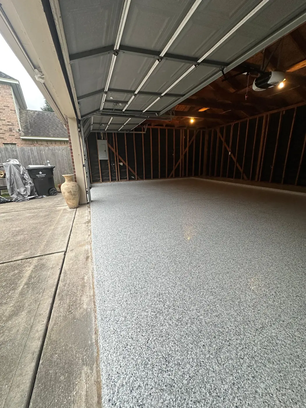 Wide view of a finished epoxy flake garage floor
